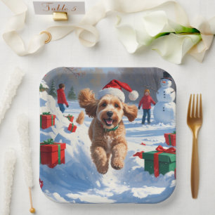 Cockapoo Running in Snow with Christmas Hat Paper Plates