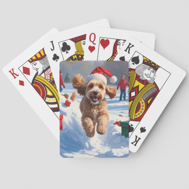 Cockapoo Running in Snow with Christmas Hat Poker Cards (Back)