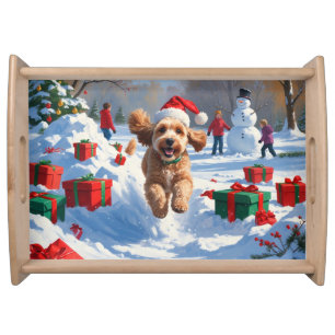 Cockapoo Running in Snow with Christmas Hat Serving Tray