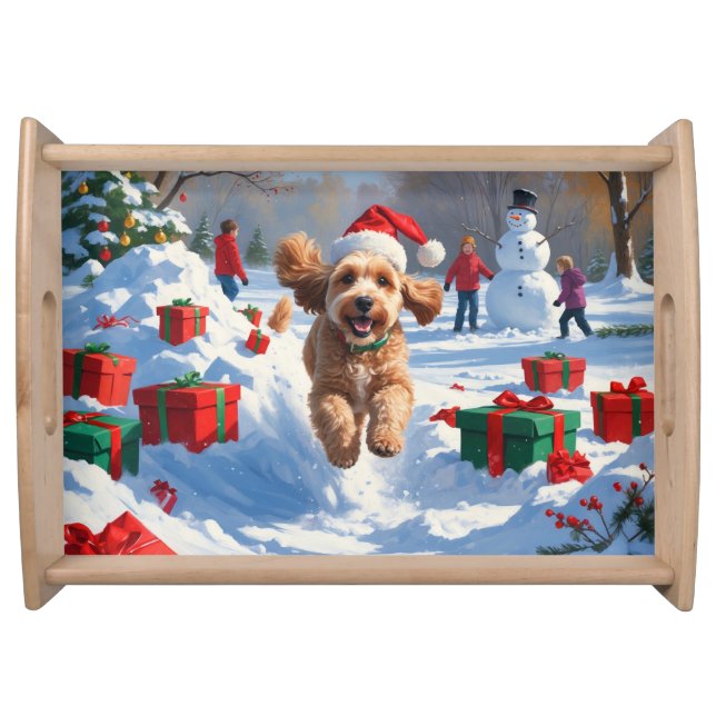 Cockapoo Running in Snow with Christmas Hat Serving Tray (Front)