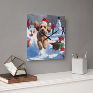 Cockapoo Running in Snow with Christmas Hat Square Wall Clock