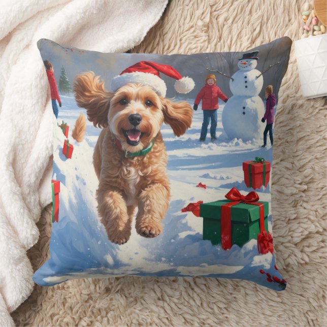 Cockapoo Running in Snow with Christmas Hat Throw Pillow (Blanket)
