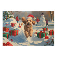 Cockapoo Running in Snow with Christmas Hat