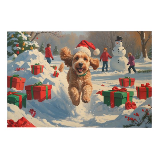 Cockapoo Running in Snow with Christmas Hat Wood Wall Art (Front)