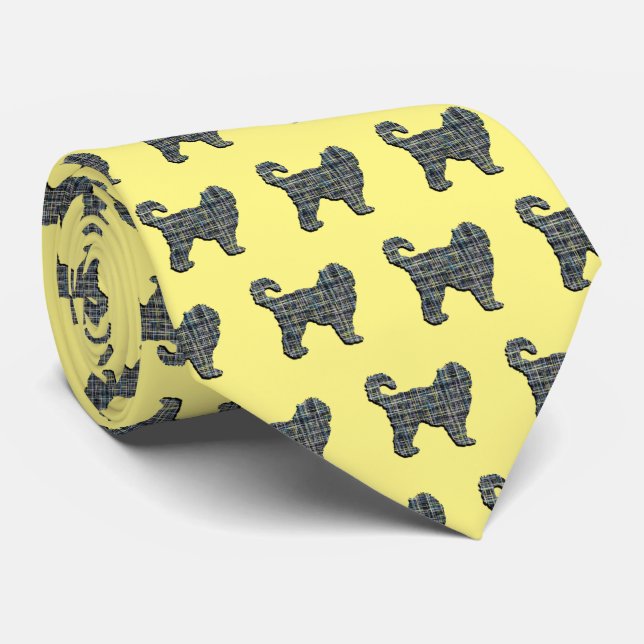 Cockapoo Silhouette Yellow & Black Grid Yellow Neck Tie (Rolled)