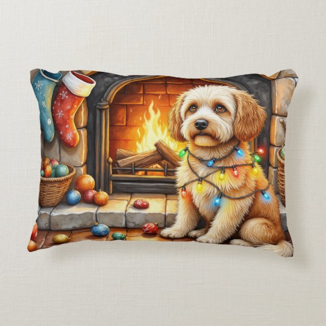 Cockapoo Sitting by Fireplace with Christmas Light Accent Pillow (Back)