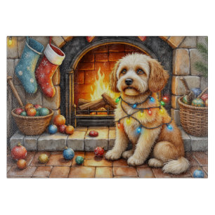 Cockapoo Sitting by Fireplace with Christmas Light Cutting Board