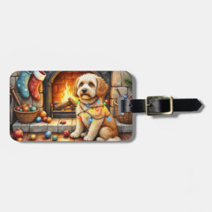 Cockapoo Sitting by Fireplace with Christmas Light Luggage Tag