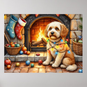 Cockapoo Sitting by Fireplace with Christmas Light Poster