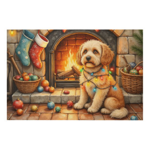 Cockapoo Sitting by Fireplace with Christmas Light Wood Wall Art