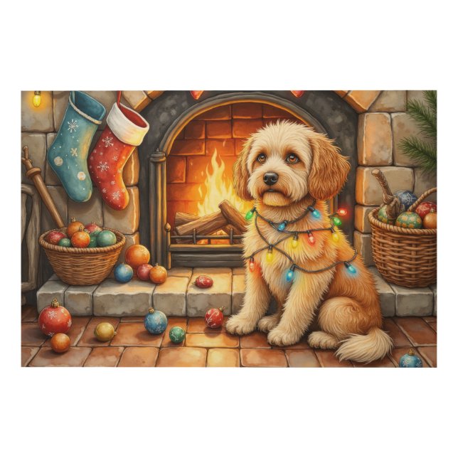 Cockapoo Sitting by Fireplace with Christmas Light Wood Wall Art (Front)