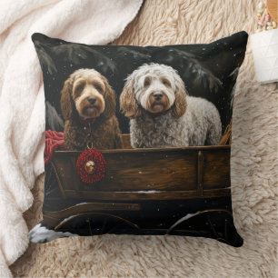 Cockapoo Snowy Sleigh Christmas Decor   Throw Pillow