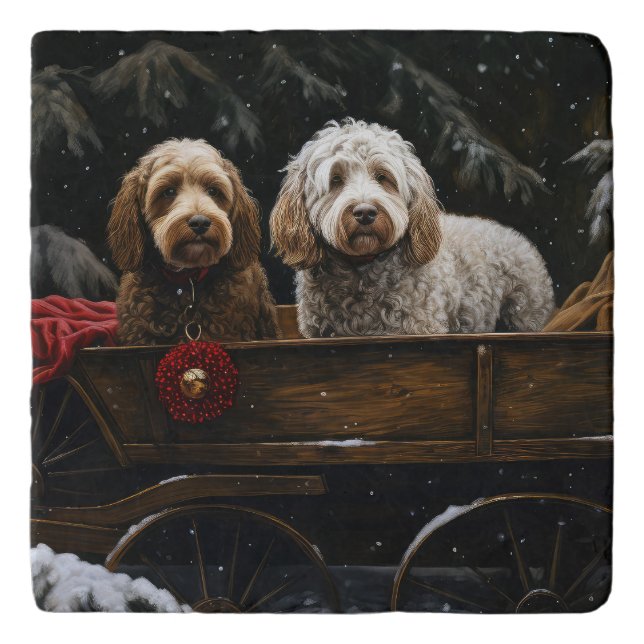 Cockapoo Snowy Sleigh Christmas Decor   Trivet (Front)