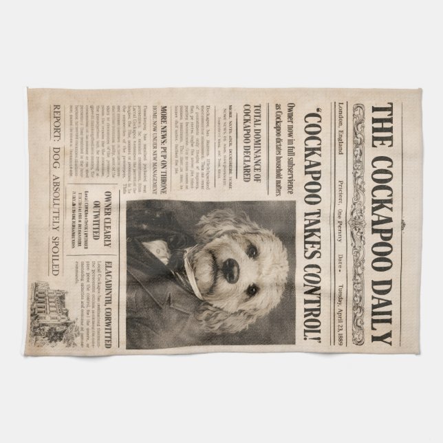 Cockapoo Vintage Newspaper  Kitchen Towel (Horizontal)