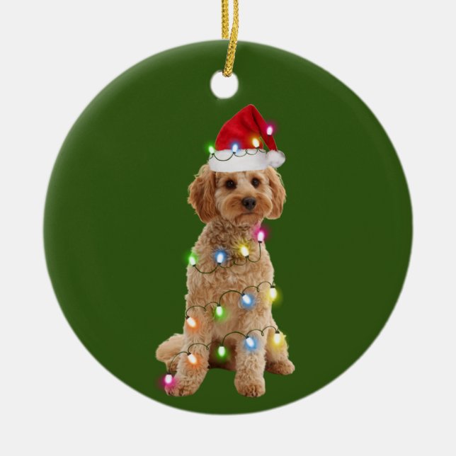 Cockapoo With Christmas Scafts anta Hat Ceramic Ornament (Front)