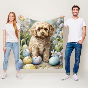 Cockapoo with Easter Eggs Holiday Fleece Blanket