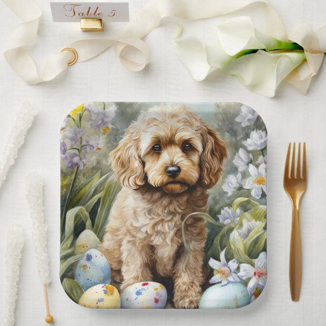 Cockapoo with Easter Eggs Holiday  Paper Plates (Wedding)