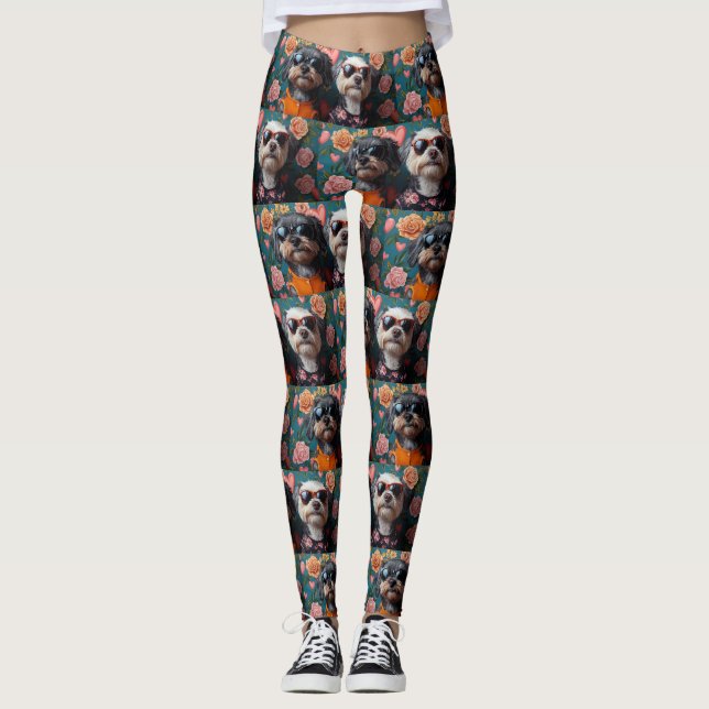 Cockapoo With Heart Roses Valentine's Day Leggings (Front)