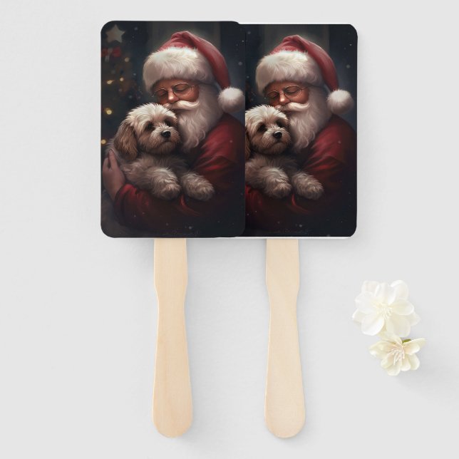 Cockapoo With Santa Claus Festive Christmas  Hand Fan (Front and Back)