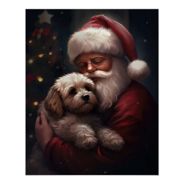 Cockapoo With Santa Claus Festive Christmas Poster | Zazzle
