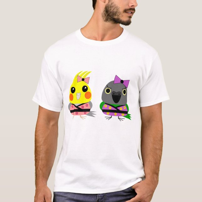Cockatiel and Senegal Parrot in Kimonos T-Shirt (Front)
