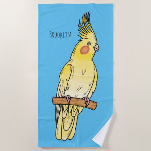 Cockatiel bird cartoon illustration beach towel