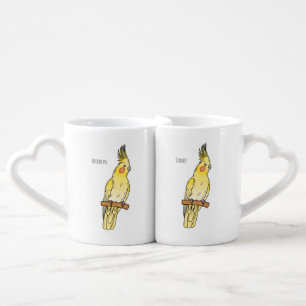 Cockatiel bird cartoon illustration coffee mug set