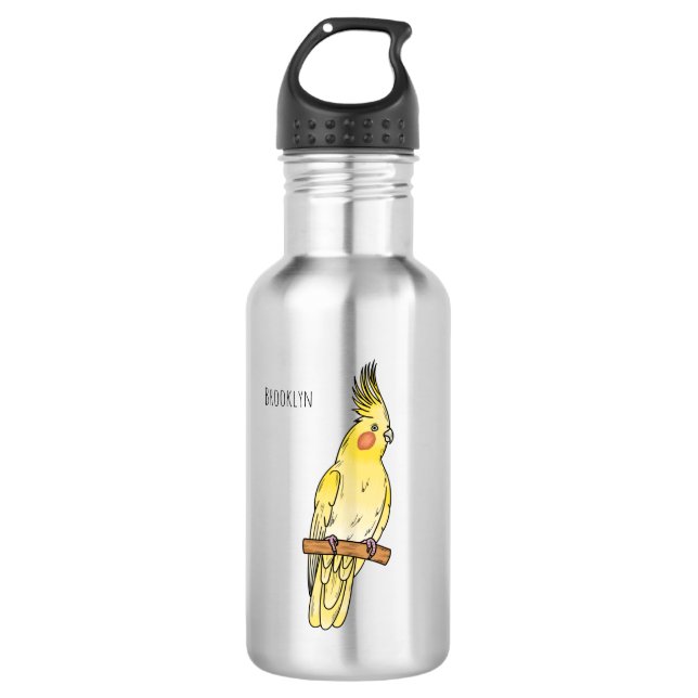 Cockatiel bird cartoon illustration  stainless steel water bottle (Front)