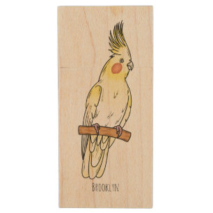 Cockatiel bird cartoon illustration  wood flash drive