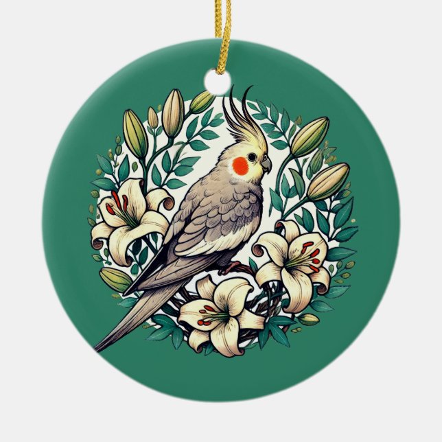 Cockatiel Bird Illustration                        Ceramic Ornament (Front)