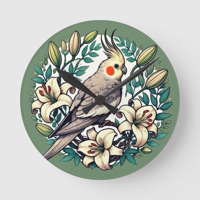 Cockatiel Bird Illustration                        Round Clock (Front)