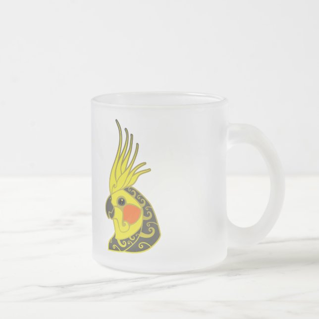Cockatiel parrot tribal tattoo frosted glass coffee mug (Right)