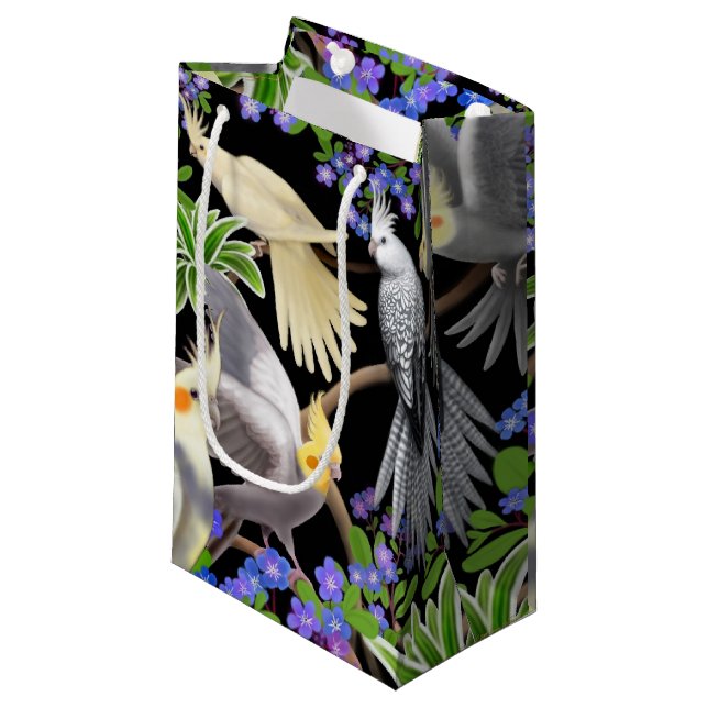 Cockatiel Parrots in Forget Me Nots Gift Bag (Front Angled)