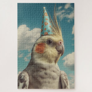 Cockatiel with Birthday Hat Against Blue Sky Jigsaw Puzzle