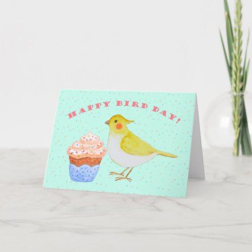 Cockatiel with cupcake Cute budgie bird  birthday Card