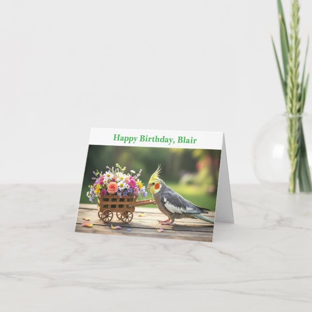 Cockatiel with Flowers Custom name & text birthday Card (Front)