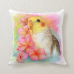 Cockatiel With Frangipani Realistic Painting Pillow