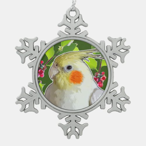 Cockatiel With Green Holly Leaves and Red Berries Snowflake Pewter Christmas Ornament