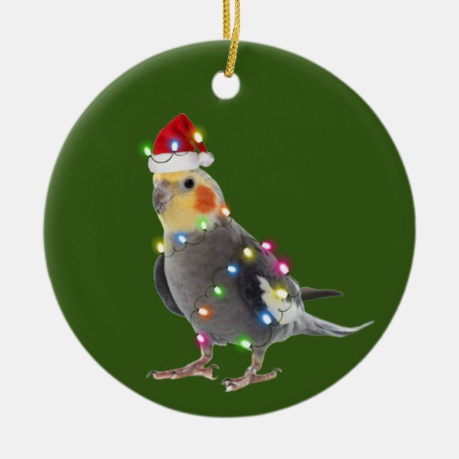 Cockatiel With Hat Lights Christmas Ceramic Ornament (Front)