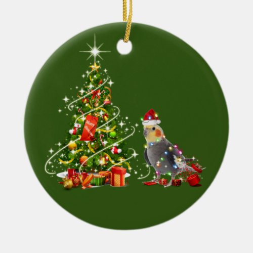 Cockatiel With Hat Scaft Christmas Ceramic Ornament