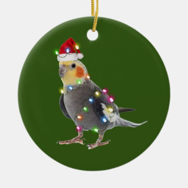 Cockatiel With Hat Scaft Christmas Ceramic Ornament (Front)