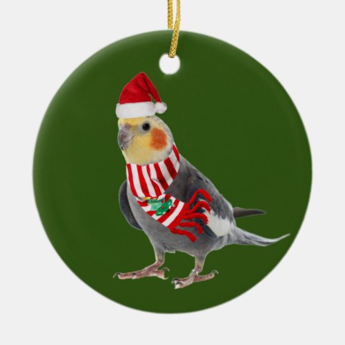 Cockatiel With Hat Scaft Christmas Ceramic Ornament