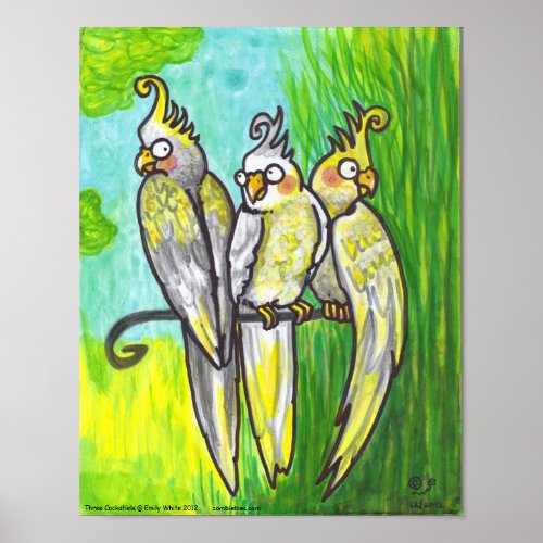 Cockatiels 3 Cartoon Birds lowbrow pet art print