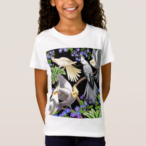 Cockatiels and Flowers Girls Baby Doll T_Shirt