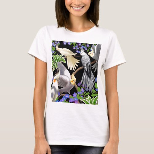Cockatiels and Forget Me Nots Baby Doll T_Shirt