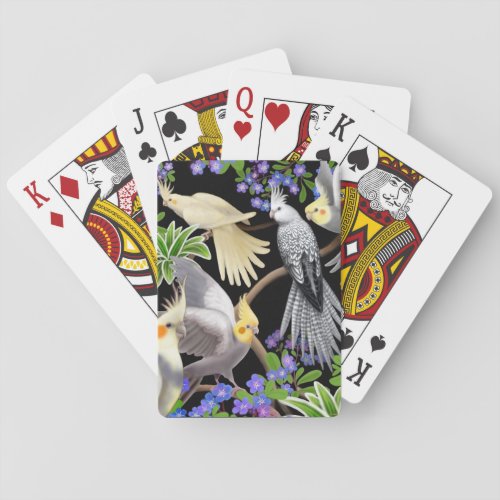 Cockatiels in Forget Me Not Flowers Playing Cards