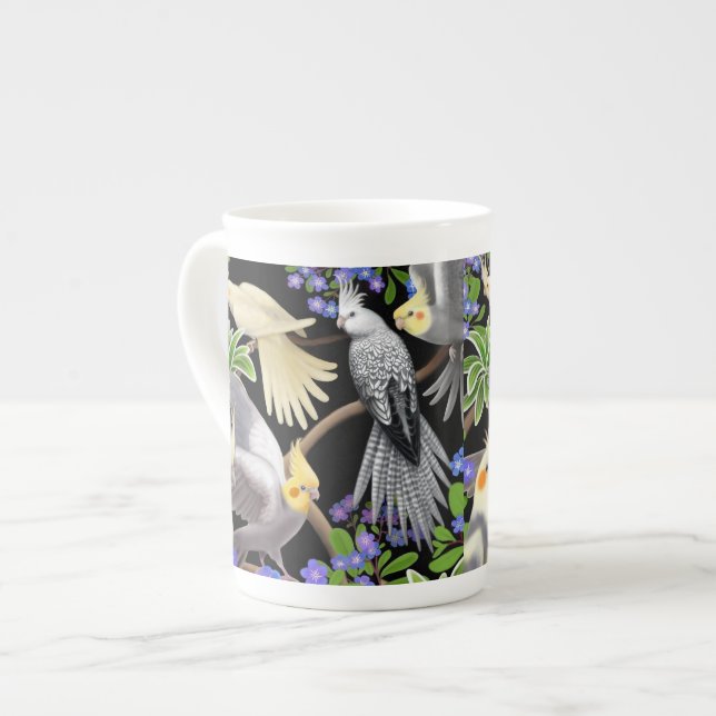 Cockatiels in Forget Me Nots Bone China Mug (Front Left)