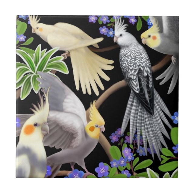 Cockatiels in Forget Me Nots Tile (Front)