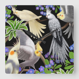 Cockatiels in Forget Me Nots Wall Clock