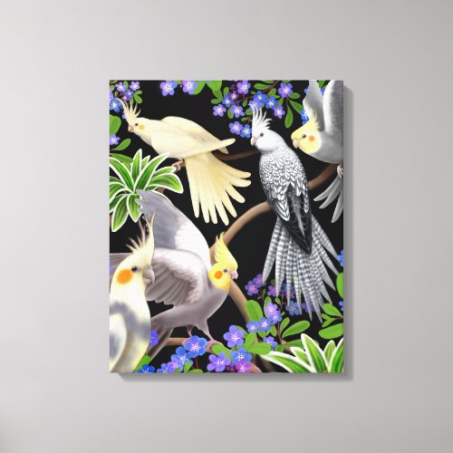 Cockatiels in Forget Me Nots Wrapped Canvas